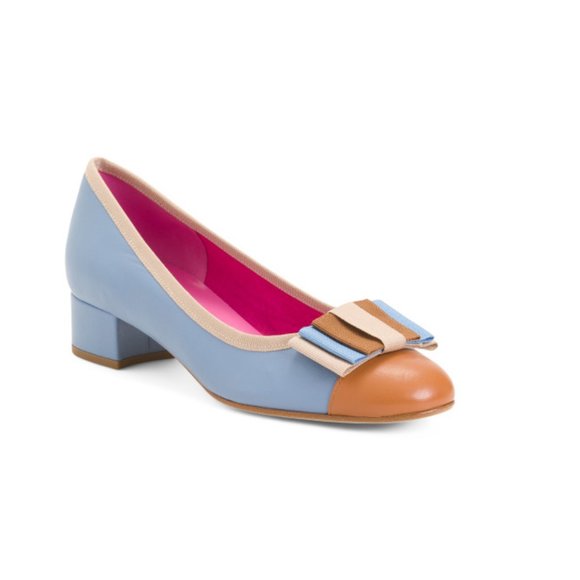 FERCA 81 Blue/Tan Made In Italy Leather Cap Toe Heels With Bow
